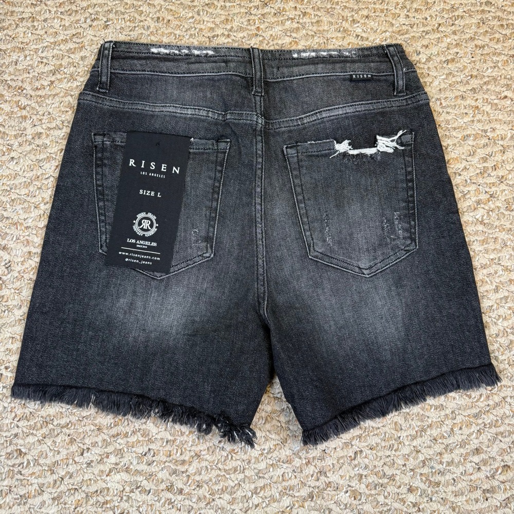 NWT Risen Jeans Womens High Rise Distressed Denim Shorts Black Summer Size L - Picture 2 of 9